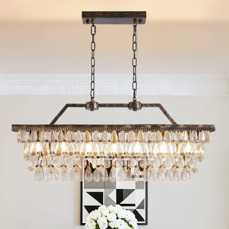 Maquisha 7-Light Dimmable Rustic Vintage Rectangle Tiered Crystal Chandelier with Antique Bronze Finish