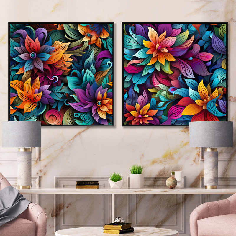 Vibrant Mandala Motif Boho III - Ensemble de 2 collages floraux et botaniques carrés, Cadre flottant noir, H 16 po x l 33 po