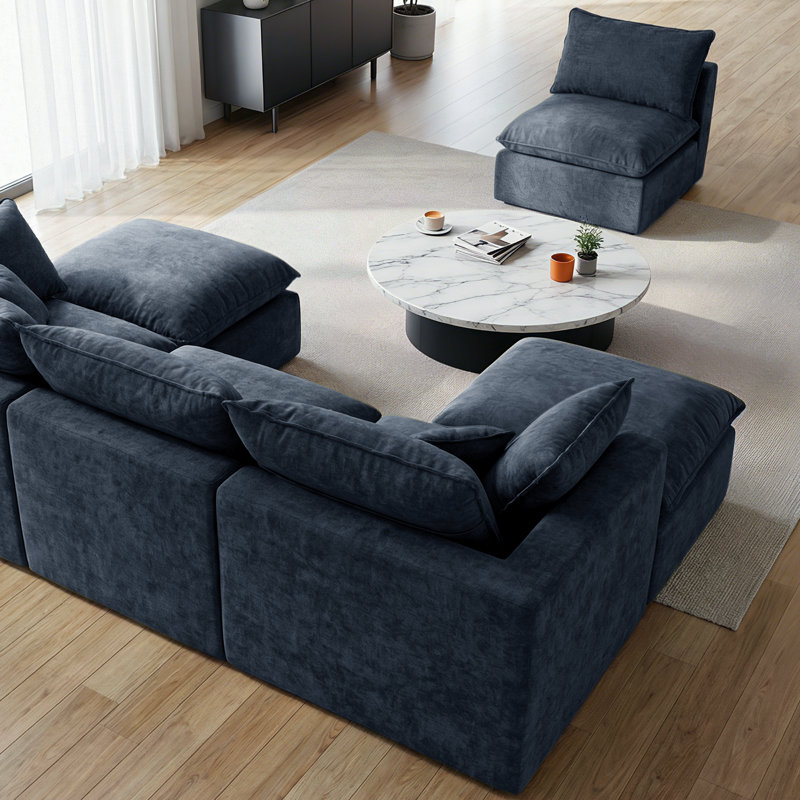Canapé modulaire en forme de L Cloud, canapé modulaire en forme de L 6 places avec 1 repose-pieds amovible à siège profond, bleu