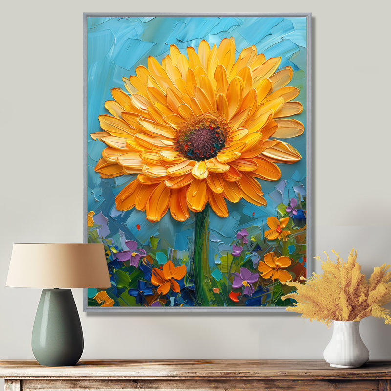 Jaune jaune et bleu, fleur de pissenlit II - art mural pissenlit, Encadrement argenté, H 44 po x l 34 po x P 1,5 po