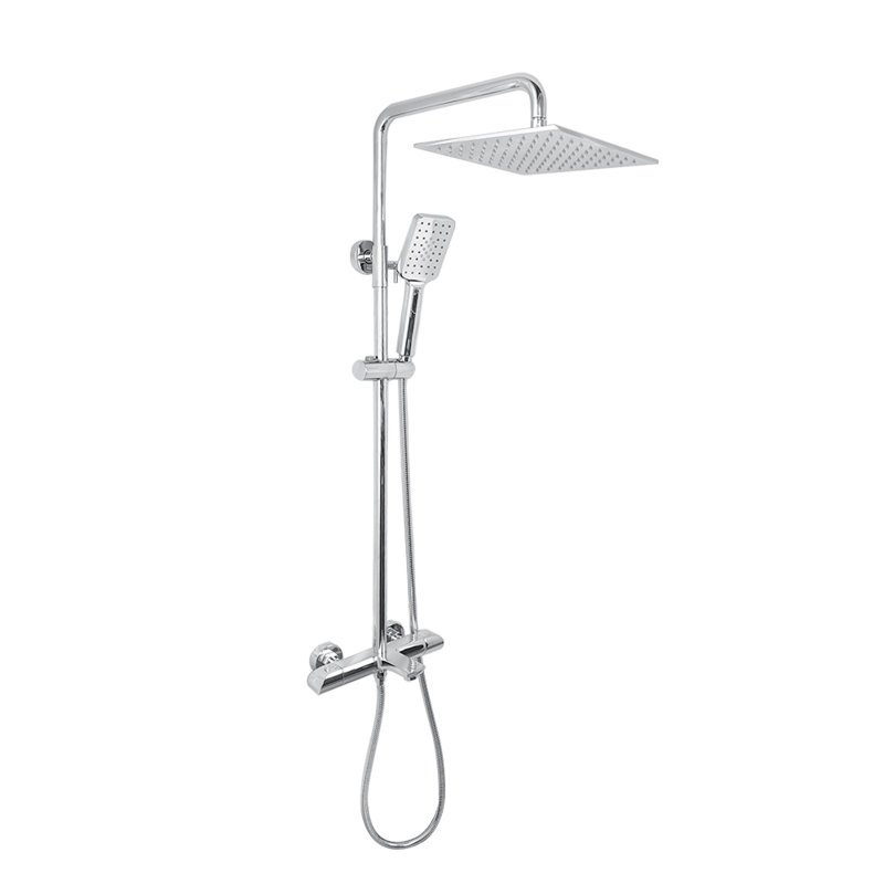 Zen Three Function Thermostatic Exposed Shower Pipe System With Square 10"x10"x1/5" Rain Shower Head And 3 Functions Hand Shower And Tub Spout.