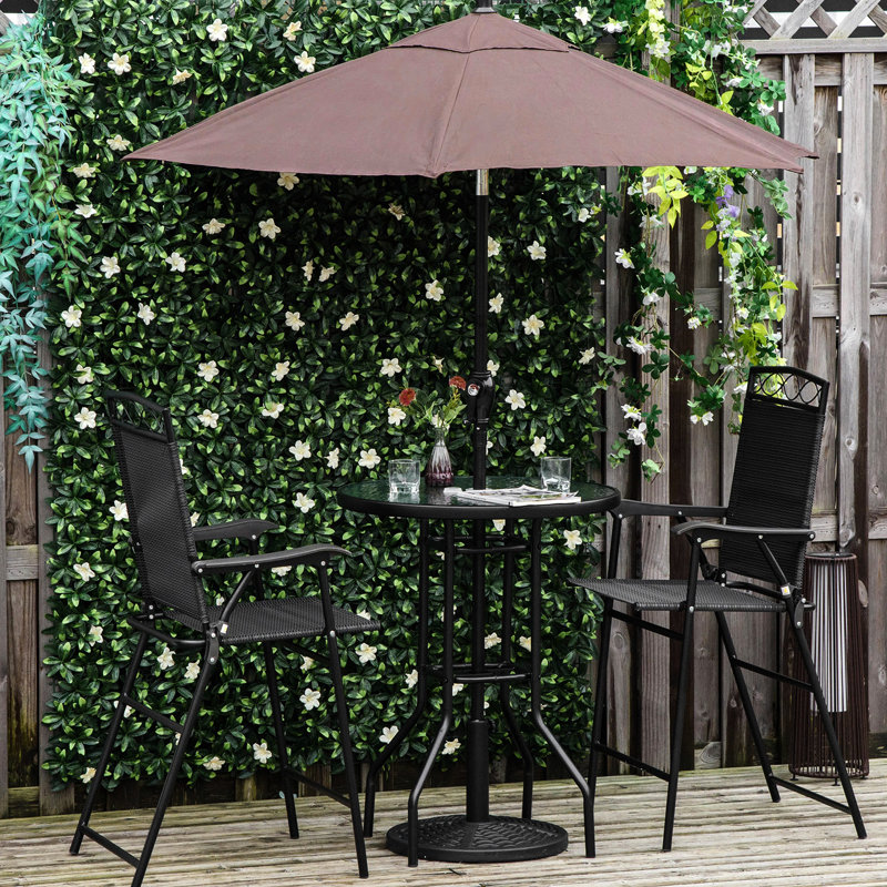 4 Piece Outdoor Patio Table - Folding Chairs, Adjustable Umbrella, Wave Textured Glass Table. Black. Frame. For Poolside, Garden, Deck. To And Heat. Dine Comfortably Dining Aggregation Pieces. 2