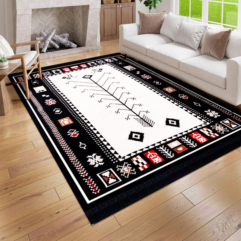 Tapis Bigghome, motifs turcs traditionnels réversibles 3 x 5 lavables à la machine - noir et blanc, Rectangulaire 3 pi x 5 pi