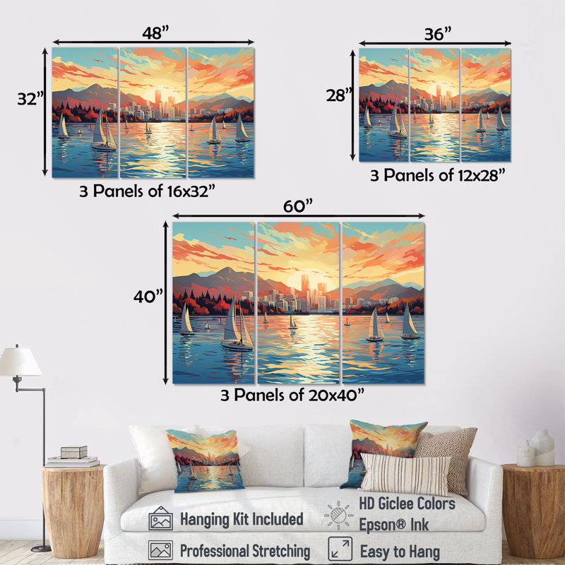 «Vancouver Port Sunset Sail - Port Landscape Coastal», art mural, Toile tendue, H 40 po x l 61 po x P 1 po