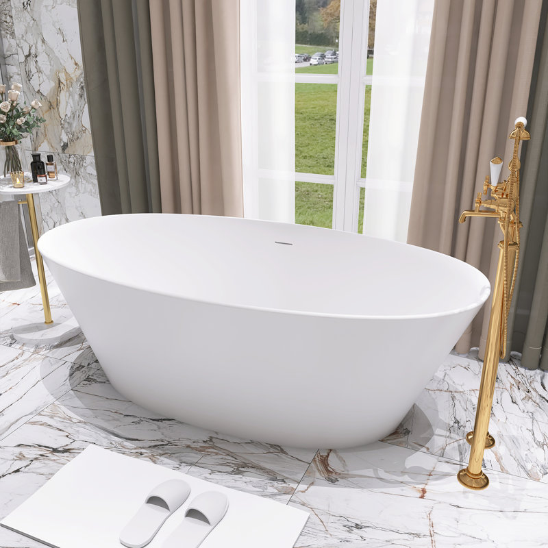 66.9-Inch Oval Freestanding Solid Surface Soaking Bathtub With Drain