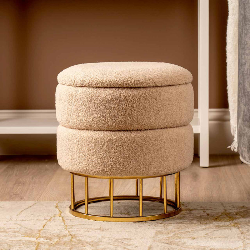 Adelane Velvet Boucle Storage Stool for Bedroom Furniture, Modern Round Storage Accent Stool, Beige, Gold