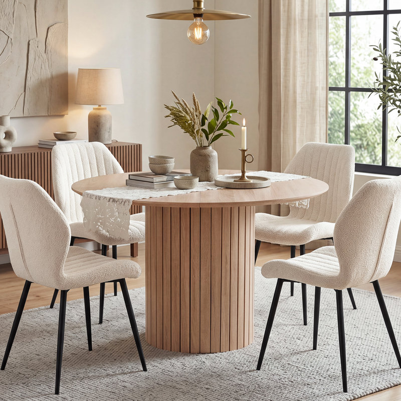 120cm Round Dining Table for 4-6, Fluted Pedestal, Light brown