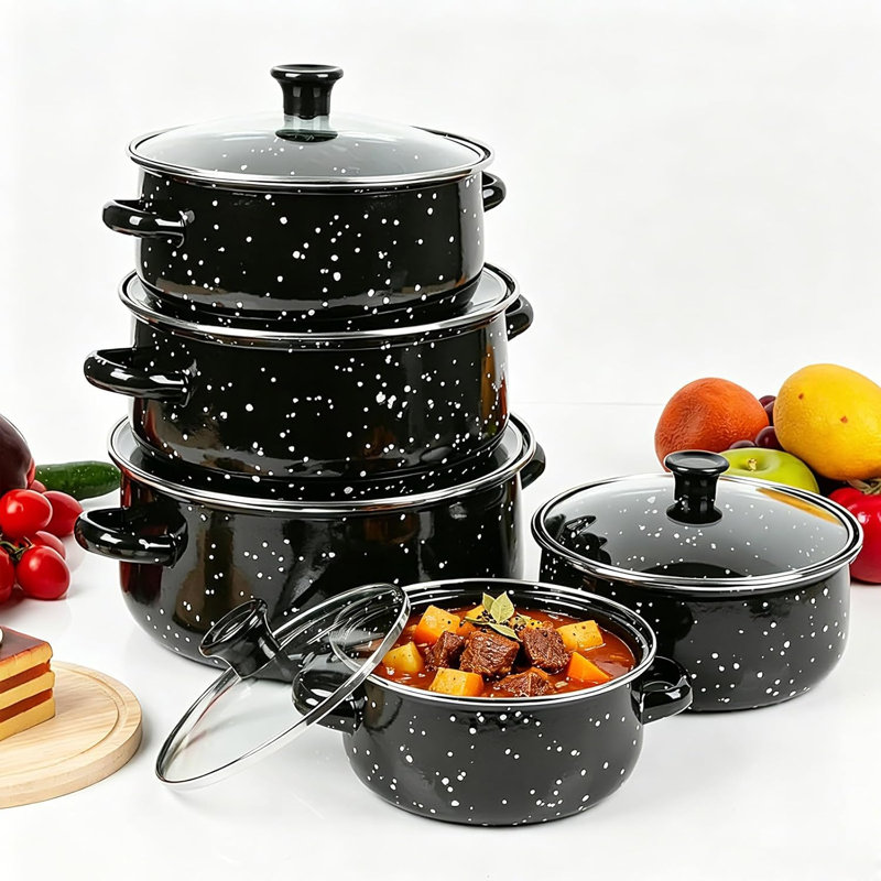 Enamel Pots Set , Induction Cookware with Lids & Dual Handles (5 Saucepans, 5 Lids)