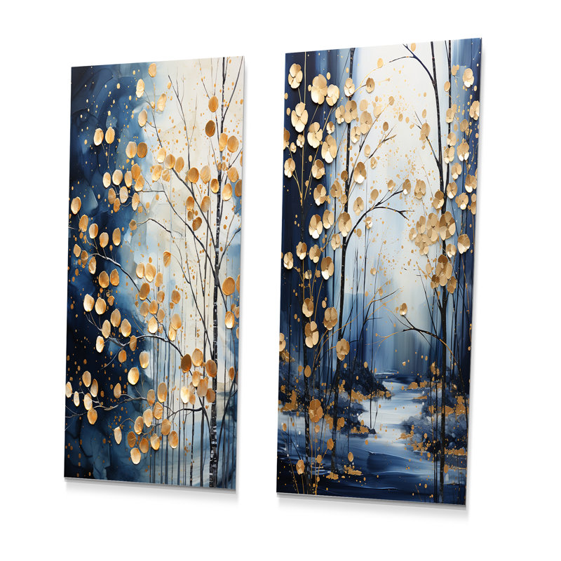 Or et bleu, arbre d'hiver, forêt d'hiver I - ensemble d'art mural en métal arbre érable, H 32 po x l 32 po