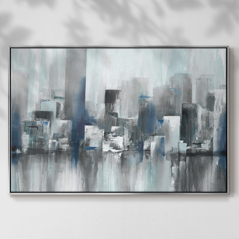 " Cityscape In Blues ", Silver, 27" H x 41" W x 2" D