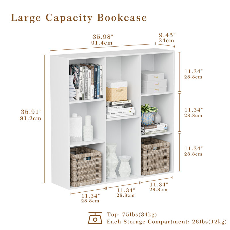 Organisateur de rangement à 8 cubes avec grande bibliothèque et présentoir à dossier fermé pour toute pièce, blanc