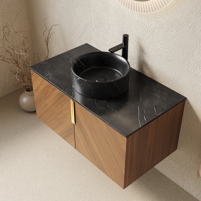 Meuble-lavabo 36 po, armoire de rangement murale en contreplaqué avec portes doubles, comptoir en pierre frittée noire et lavabo rond en céramique noire avec motif de pierre