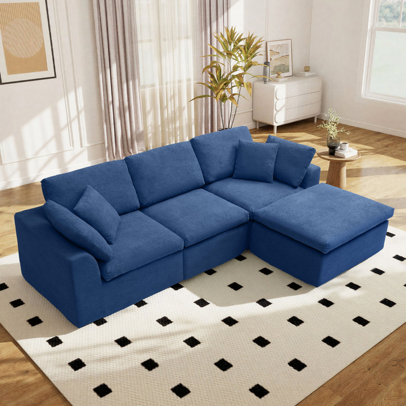 Comfy Boneless L Shaped Sectional Modular Cloud Sofa with Ottoman, Oversized Compression Deep Seat Couch, 3 Seater Living Room Set