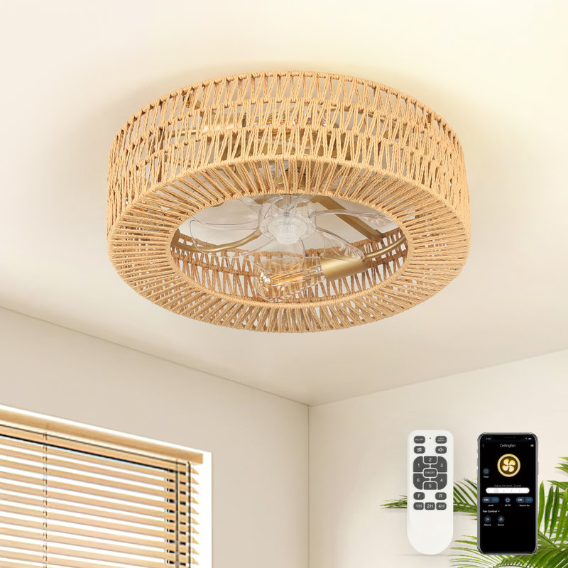 Aarzo 19.6''  7-Blade Rattan Caged Ceiling Fan with Remote Control (Set of 2)