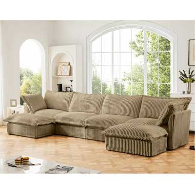 U Shape Sectional Wide And Deep Seat Sofa Couch, 4 Seater Sofa With French Edges Design Multiple Big Pillows, Soft Deep Seat Comfy Cloud Couch For Living Room, Apartment, Camel Corduroy
