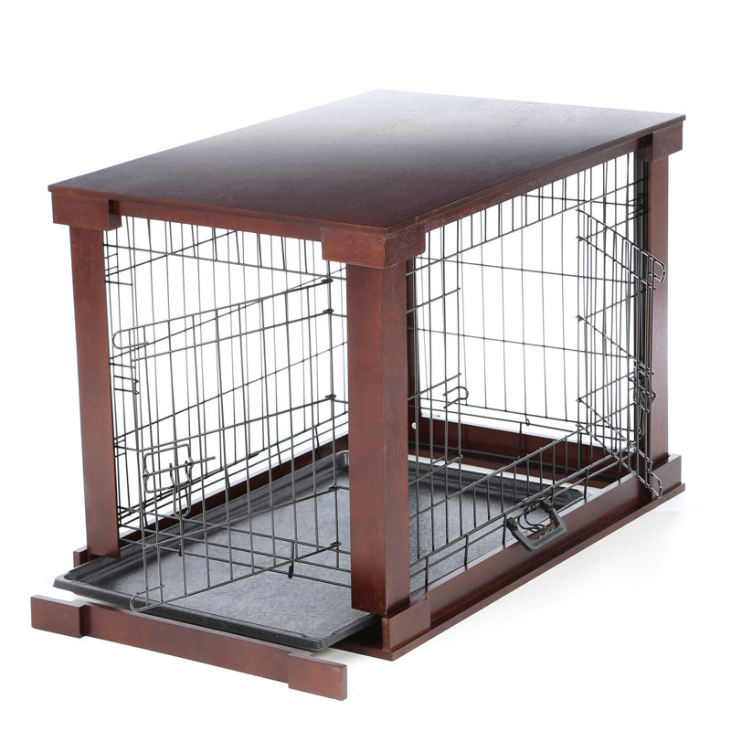 Ansel Decorative Pet Kennel with Wooden Protection Cover, Divider Insert, 23.27" H x 21.65" W x 32.68" D, Brown