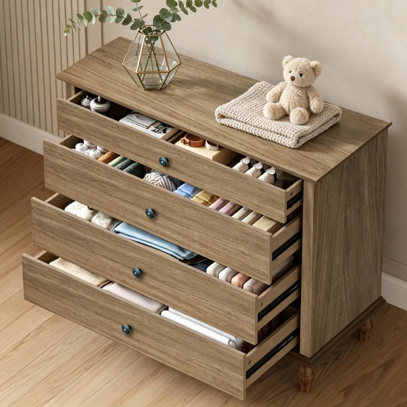 Commode 4 tiroirs brun clair brossé avec pieds en bois tourné, commode rustique pour chambre à coucher et chambre de bébé