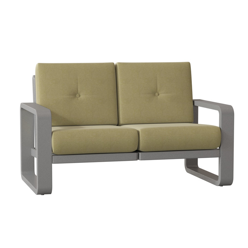 Vale 58.5'' Wide Aluminum Loveseat with Cushions, Linen Antique Beige Sunbrella®, Pewter Finish