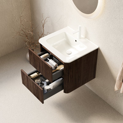 24" Bathroom Vanity With Ceramic Basin, Floating Cabinet, 2 Drawers, Retro Walnut Striped Texture, Clean And Tidy Large Storage Capacity