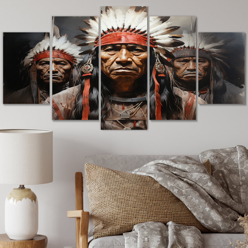 Native Art War Paint Portrait - Native American Wall Art Living Room - 5 panneaux
