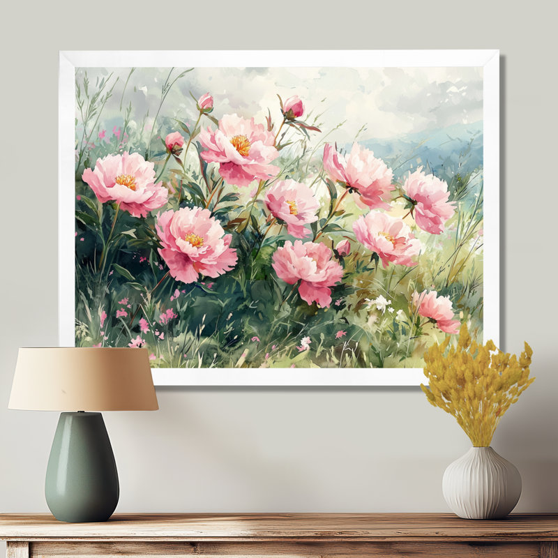 Melvina, pivoines et prairie d'été I - pivoines, art mural, Reproduction encadrée d'une seule photo, H 12 po x l 20 po, Blanc