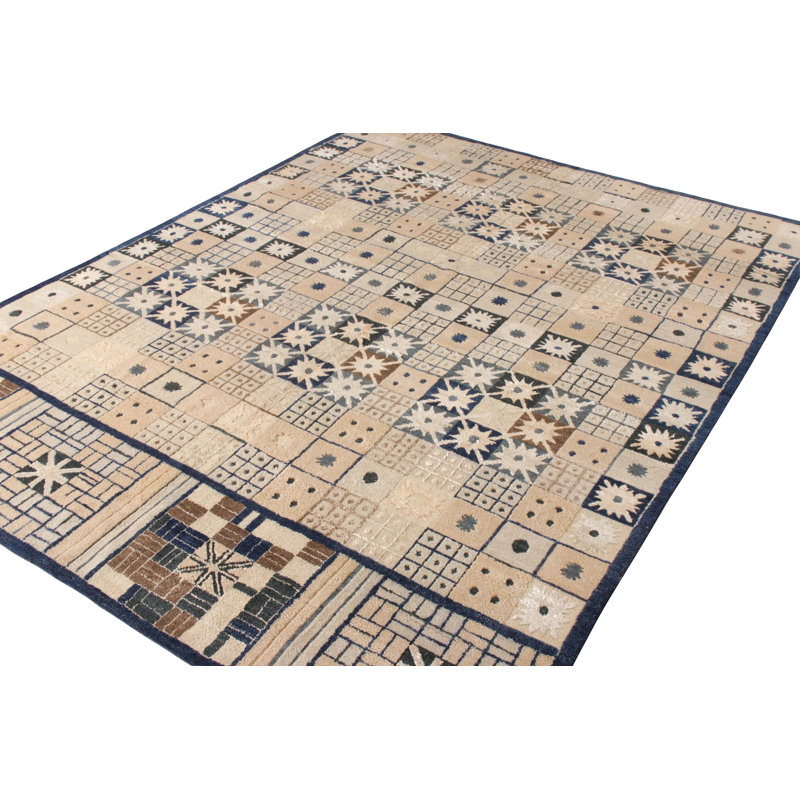 Rug & Kilim’S Scandinavian Style Rug In Beige-Brown, Blue Geometric Pattern, Rectangle 12' x 16'