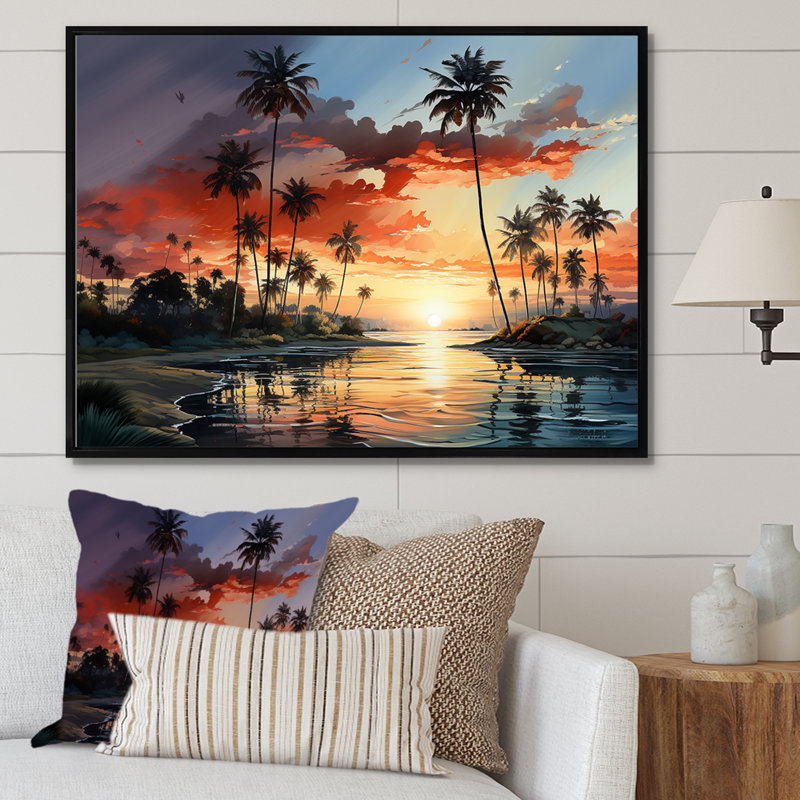 Palmiers, palmiers, sérénité, coucher de soleil sur toile, Cadre flottant noir, H 16 po x l 32 po x P 1 po