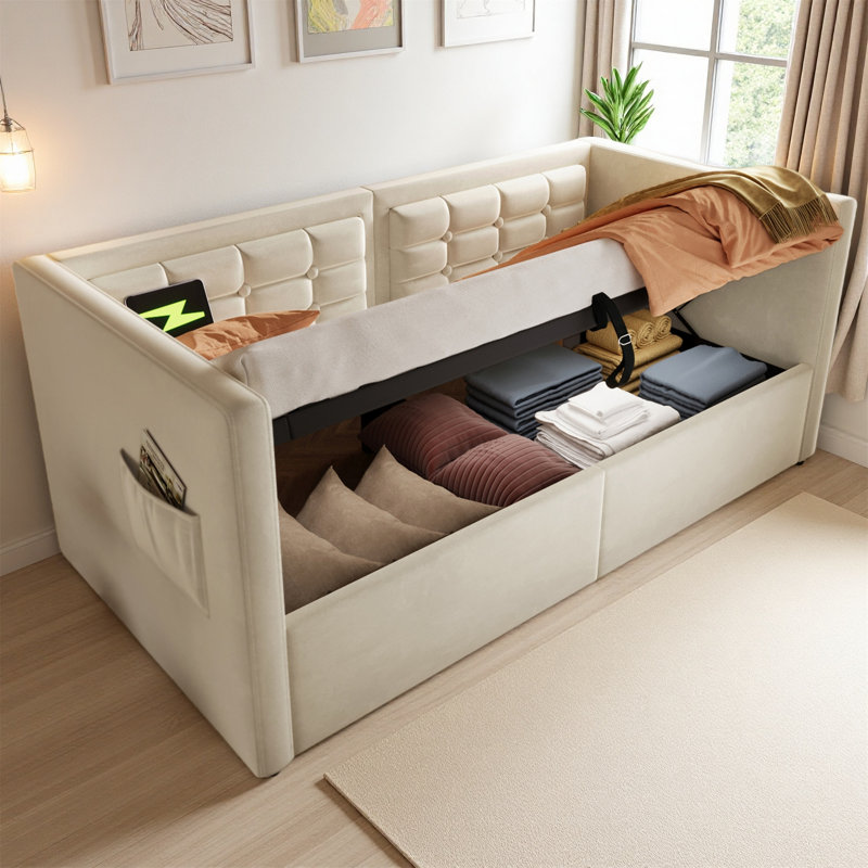 Upholstered Twin Size Daybed – Hydraulic Storage Bed Frame With USB & Type-C Charging, Tufted Velvet Sofa Back, And Wooden Slats, Beige