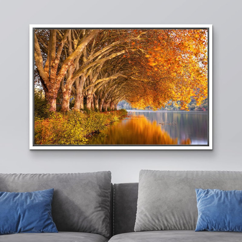 Autumn Fall " Autumn Fall Orange Leaf Forest Lake ", White Frame, 16" H x 24" W x 1.5" D