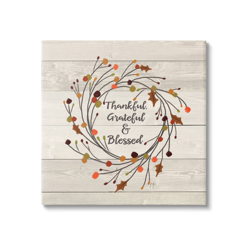 «Thankful Grateful and Blessed Sentiment Autumn Thistle Branches» par Jo Moulton - impression, H 17 po x l 17 po x P 1,5 po