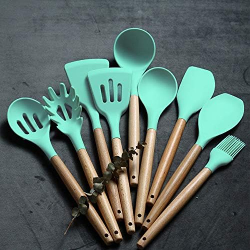 Kitchen Cooking Utensils Set, 24 pcs Non-stick Silicone Cooking Kitchen Utensils Spatula Set with Holder, Wooden Handle Heat Resistant Silicone Kitchen Gadgets Utensil Set (Green)