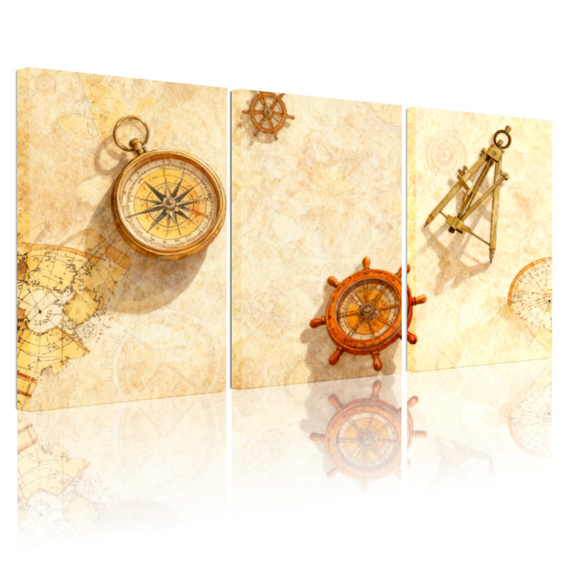 «Fashion Compass Map Ship Wheel Sextant», ensemble de 3 impressions sur toile, H 18 po x l 36 po