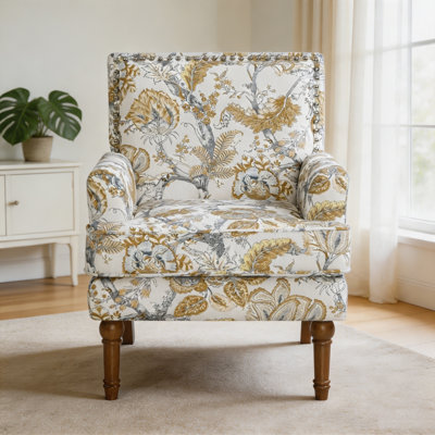 Chaise d'appoint, fauteuil floral, garniture cloutée, décor doré et gris, pieds en bois massif, mobilier de ferme, fauteuil de chambre rembourré, chaise d'appoint, imprimé traditionnel, salon Wayfair.