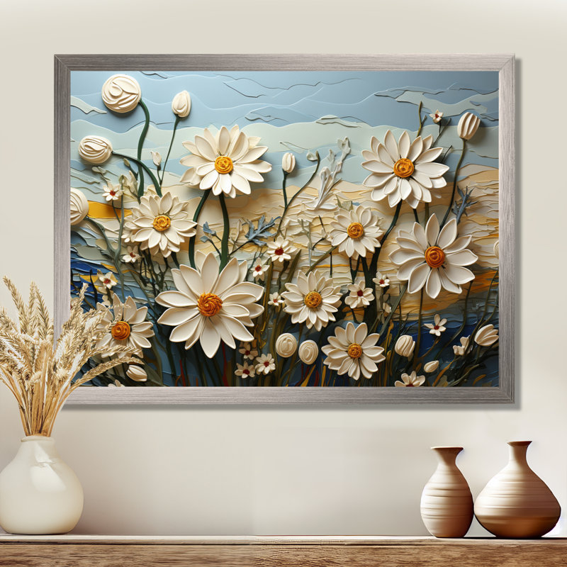 Daisies Daisy Delight II - Daisies, reproduction d'art encadrée, H 34 po x l 44 po x P 1,5 po, Cadre flottant blanc