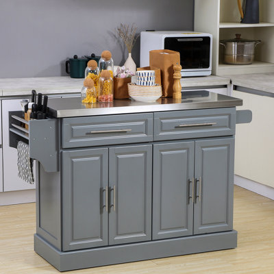 Table d'îlot de cuisine portable, gris, surface en acier inoxydable, 2 tiroirs, armoires, support à épices et porte-serviettes,