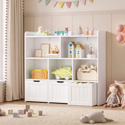 Étagère de rangement pour enfants de 101,6 cm de large avec 3 tiroirs amovibles et 6 étagères, idéale pour la salle de jeux ou la chambre d'enfant.