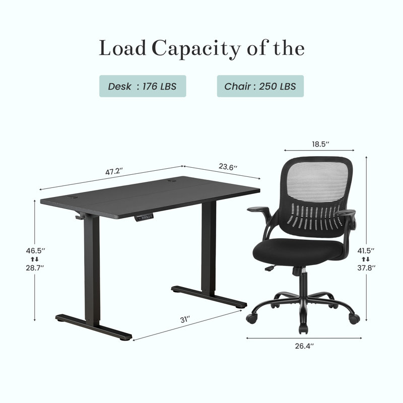 Ensemble de bureau Ovidia: bureau debout électrique et chaise de bureau en filet, Noir