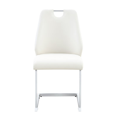 4 White Pu Leather Upholstered Dining Chairs, Stain - , With Comfortable Foam Cushion, Arched Design And Strong Iron Base Modern Of Chairs In Leather, Waterproof Repellent, Seat Metal Handles