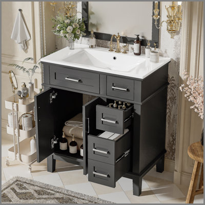 Meuble-lavabo de 30 po avec lavabo en céramique, armoire de rangement moderne avec portes à fermeture douce, tiroir profond et tiroir standard, meuble-lavabo élégant pour les petites salles de bain