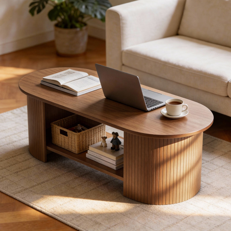 42.51" Oval Coffee Table With Storage, Mid-Century Modern 2-Tier Center Table For Living Room - Brown Wood