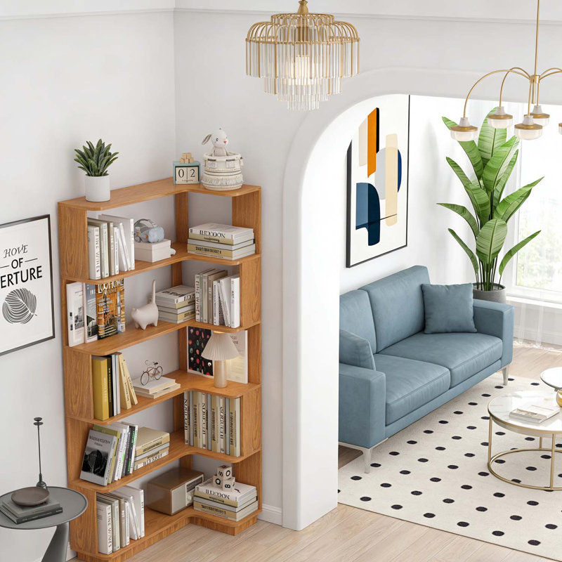 Freestanding Corner Bookshelf with Open Storage Display, Dark Oak