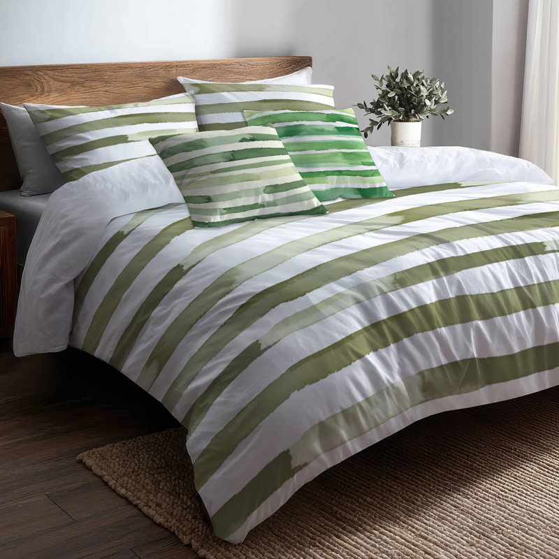 Ensemble de literie à rayures 5 pièces - Ensemble de housse de couette et coussin décoratif vert et blanc