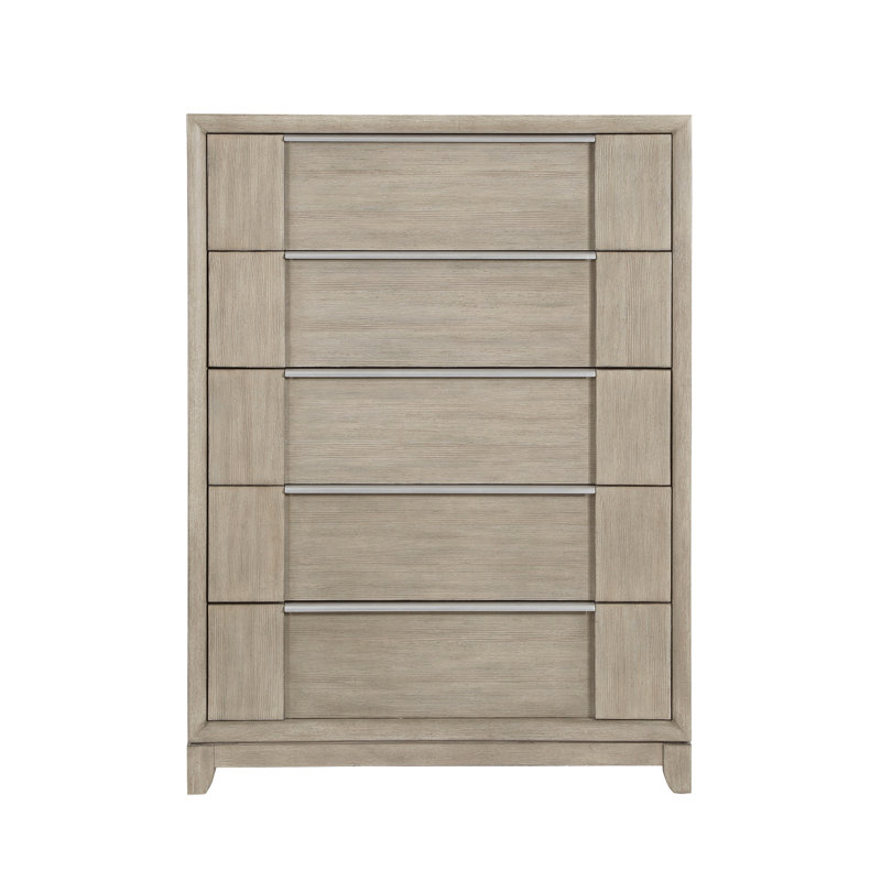 Commode haute 5 tiroirs gris clair avec commode de rangement moderne en placage de frêne avec poignées en métal étain