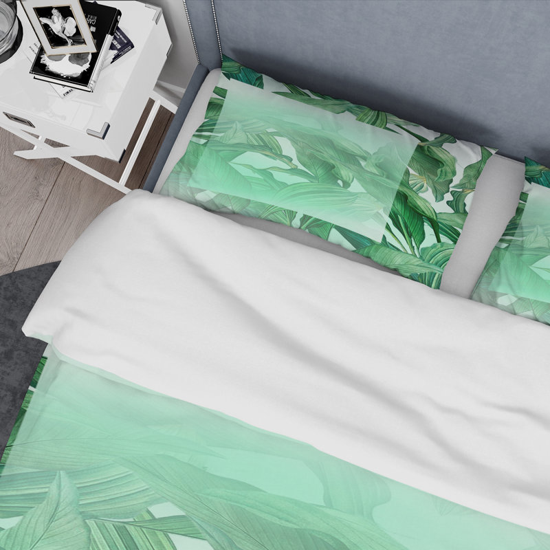 Rectangle blanc sur feuilles de palmier tropicales vertes - ensemble de housse de couette nautique - microfibre de polyester