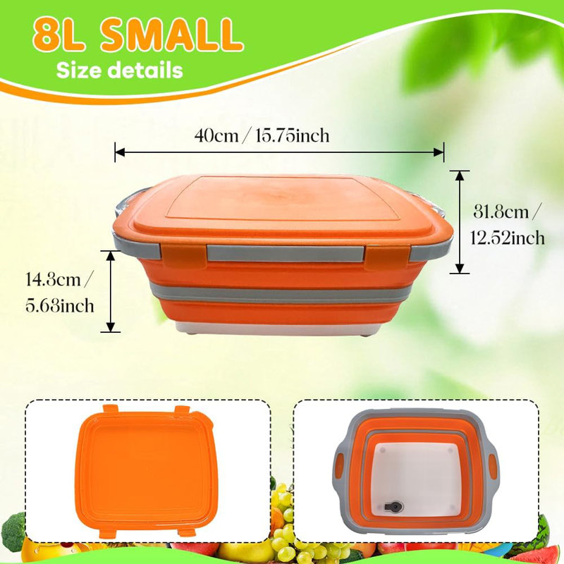 Collapsible BBQ Prep Tub with Lid, Folding Wash Basin for Camping & Outdoor Meal Prep - Built-In Cutting Board - Portable Plastic Kitchen basin Bin, 8L