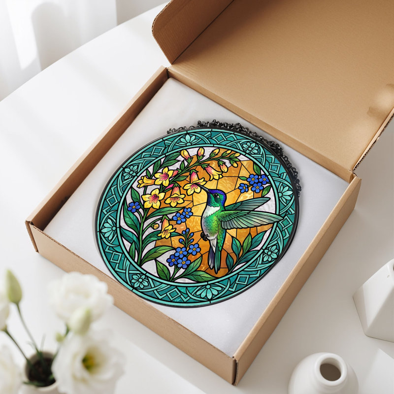 Panneau de vitrail à motif floral Colibri ， H 12 po, H 12 po