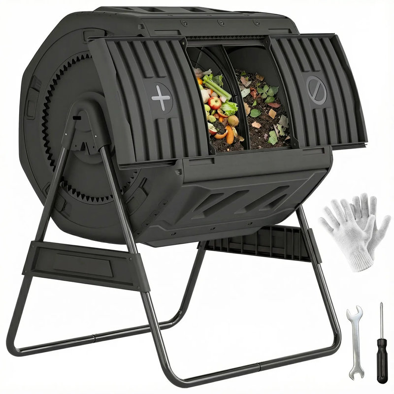 Composteur d'extérieur 53 gallons, composteur culbuteur à double chambre avec évents réglables, sans Bpa, noir