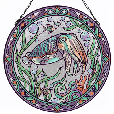 Octopus Underwater Stained Glass Window Panel，12"H