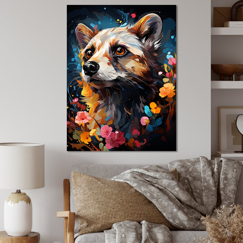 Yellow Dog Floral Meadows - Art mural chien, Toile tendue, H 32 po x l 24 po x P 1 po
