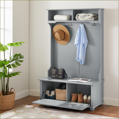 Coat Racks | Modern Classic White Entryway Hall Tree with Shoe Bench, Shelves &amp; Hooks | MDF | Solid Wood Feet